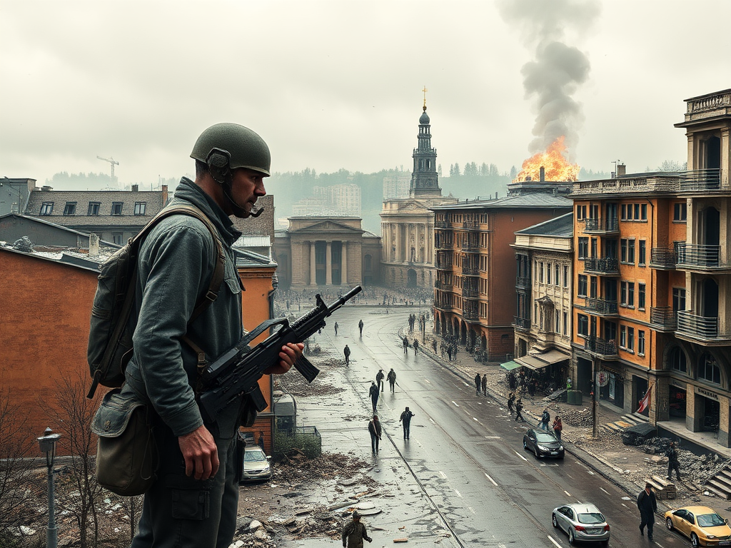 Солдат с автоматом на фоне разрушенного города и горящего здания, люди передвигаются по улице.